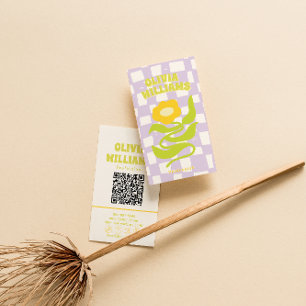 Retro Lila Grün QR-Code Groovy Karierter Blumensti Visitenkarte