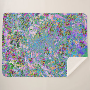 Retro-Lila-, Grün- und Blaue Wildblumen auf Rosa Sherpadecke