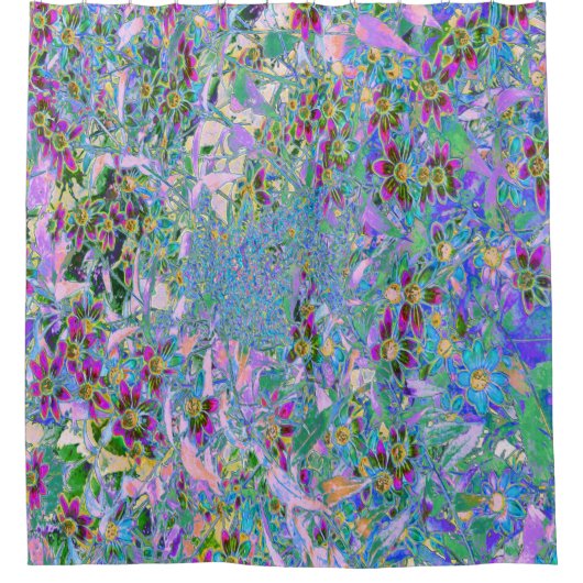Retro-Lila, grüne und blaue Wildblumen auf Rosa Duschvorhang (Vorderseite)