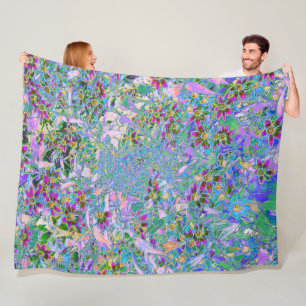 Retro Lila, Grüne und Blaue Wildblumen auf Rosa Fleecedecke