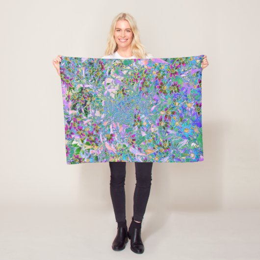 Retro-Lila, grüne und blaue Wildblumen auf Rosa Fleecedecke (Beispiel)