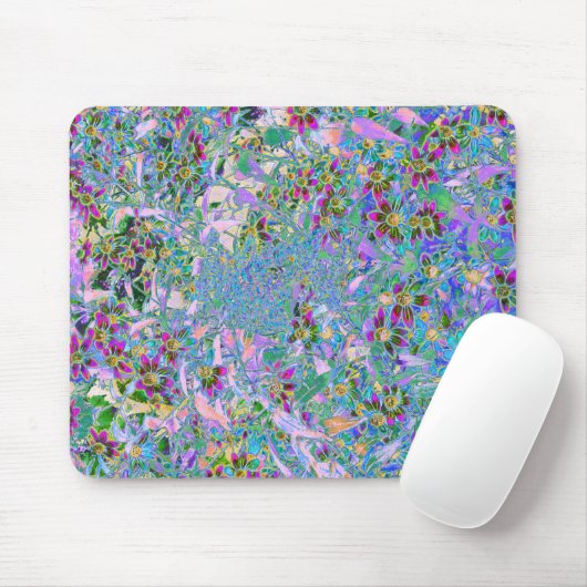 Retro-Lila, grüne und blaue Wildblumen auf Rosa Mousepad (Mit Mouse)