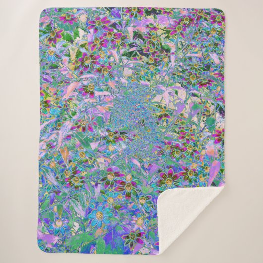 Retro-Lila, grüne und blaue Wildblumen auf Rosa Sherpadecke (Vorderseite)