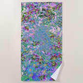 Retro-Lila, grüne und blaue Wildblumen auf Rosa Strandtuch (Vorderseite)