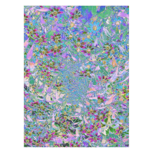 Retro-Lila, grüne und blaue Wildblumen auf Rosa Tischdecke (Vorderseite)