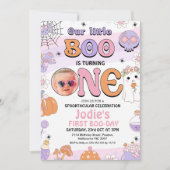 Retro Lila Halloween Little Boo 1. Geburtstag Einladung (Vorderseite)