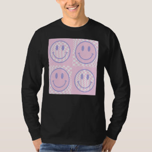 Retro Lila Happy Face Checkered Pattern Trendy T-Shirt