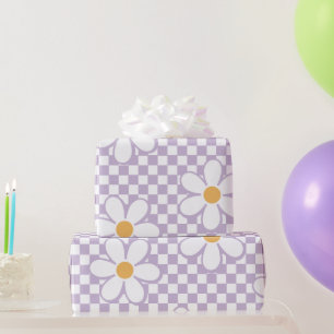 Retro Lila Karo und Gänseblümchen Geschenkpapier