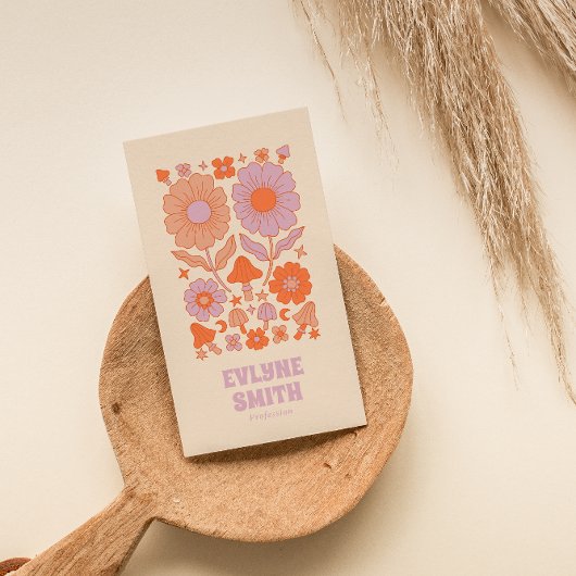 Retro Lila Orange QR Code Groovy Floral Boho Visitenkarte