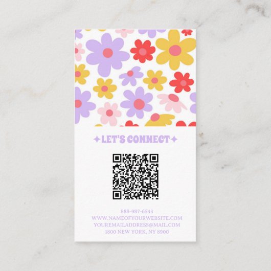Retro Lila QR Code Groovy Floral Girly Boho Visitenkarte (Rückseite)