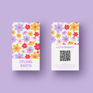 Retro Lila QR Code Groovy Floral Girly Boho Visitenkarte