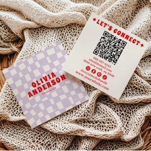 Retro Lila Red QR Code Groovy Checkered Boho Fun Quadratische Visitenkarte