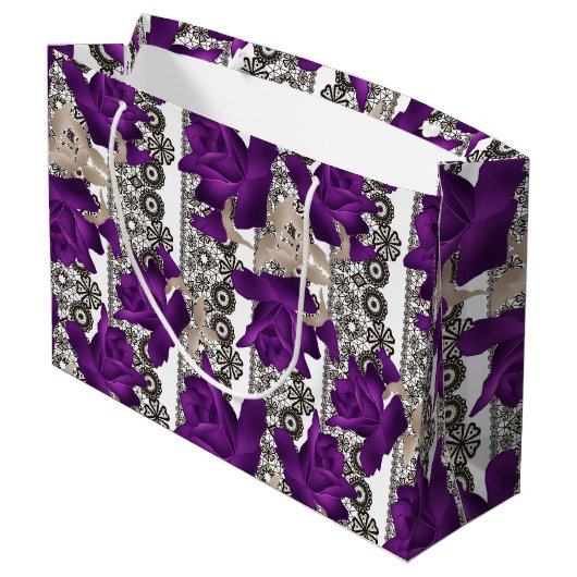 Retro, lila Rose Große Geschenktüte (Rückseite Schrägansicht)