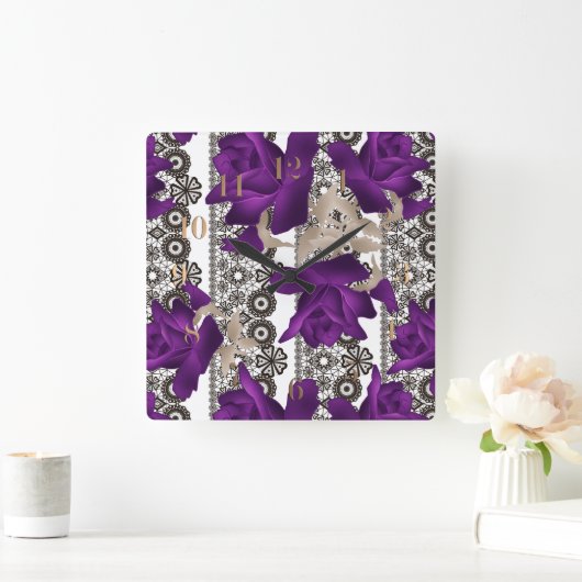 Retro, lila Rose Quadratische Wanduhr (Zuhause)