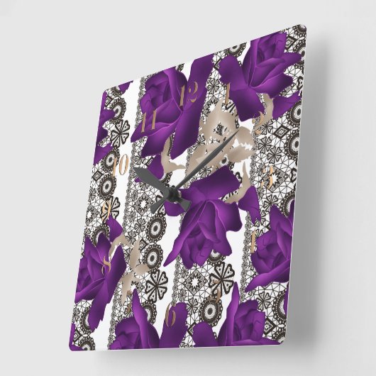 Retro, lila Rose Quadratische Wanduhr (Winkel)