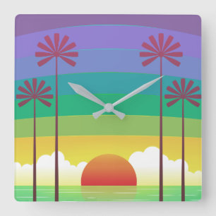 Retro-Lila-Sonnenuntergang-Palmen-Kunst Quadratische Wanduhr