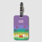 Retro Lila Sunset Palm Trees Art Monogramm Gepäckanhänger (Vorderseite Vertikal)