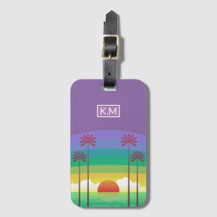 Retro Lila Sunset Palm Trees Art Monogramm Gepäckanhänger