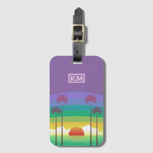 Retro Lila Sunset Palm Trees Art Monogramm Gepäckanhänger (Vorderseite Vertikal)