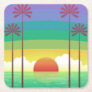 Retro Lila Sunset Palm Trees Art Rechteckiger Pappuntersetzer