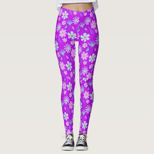 Retro Lila und Blumen der 1970er Jahre Leggings (Vorderseite)