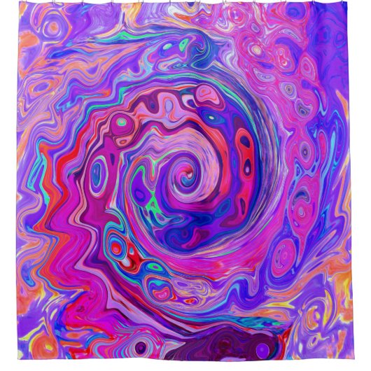 Retro Lila und Orange Abstrakt Groovy Swirl Duschvorhang (Vorderseite)
