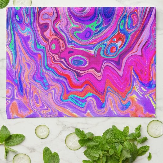 Retro Lila und Orange Abstrakt Groovy Swirl Geschirrtuch (Gefaltet)