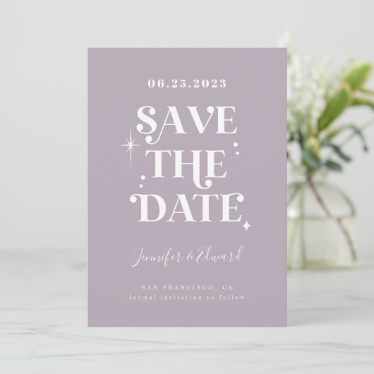 Retro Lilac Save the Date Card (Stehend Vorderseite)