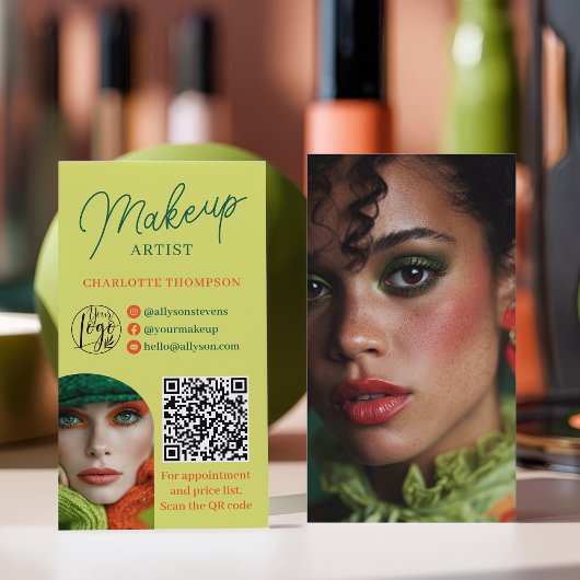 Retro Lime Coral Makeup Artist 2 Photos Qr Code Visitenkarte
