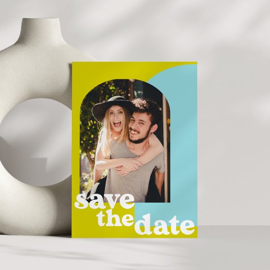Retro Limon Blue Geometric Couple Foto Hochzeit Save The Date