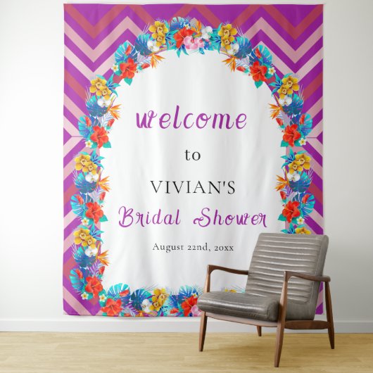Retro Line Magenta Tropical Brautparty Willkommen Wandteppich (Beispiel)