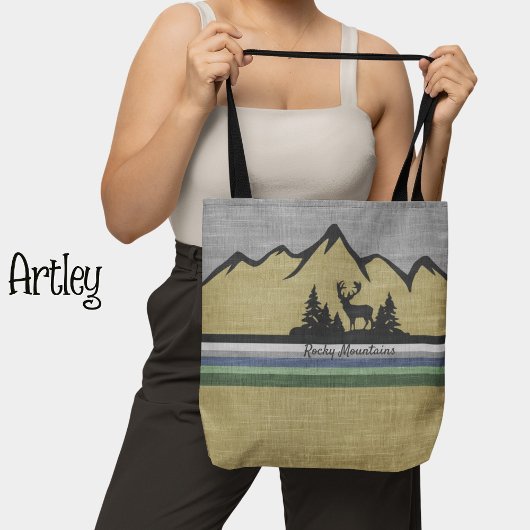 Retro Linen Texture Nature Mountain Scene Deer Tasche
