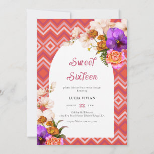 Retro Lines Floral Magenta Fuchsia 16 . Geburtstag Einladung