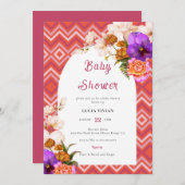 Retro Lines Floral Magenta Fuchsia Babydusche Einladung (Vorne/Hinten)