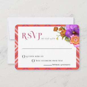 Retro Lines Floral Magenta Fuchsia Wedding RSVP Einladung