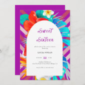 Retro Lines Tropical Magenta Fuchsia 16 . Geburtst Einladung (Vorne/Hinten)