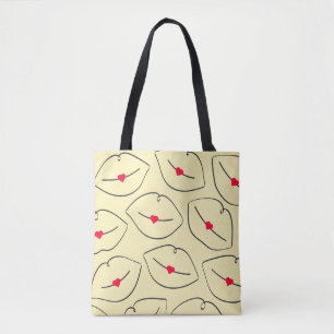 Retro-Linienkunst-Lippen & Herzen Sonnengelb Tasche