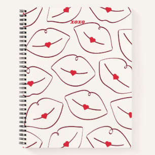 Retro-Linienkunst-Lippen- und Herz-Muster Kirschro Notizblock