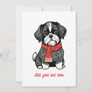Retro Linocut Style Shih Tzu Weihnachtskarte Feiertagskarte
