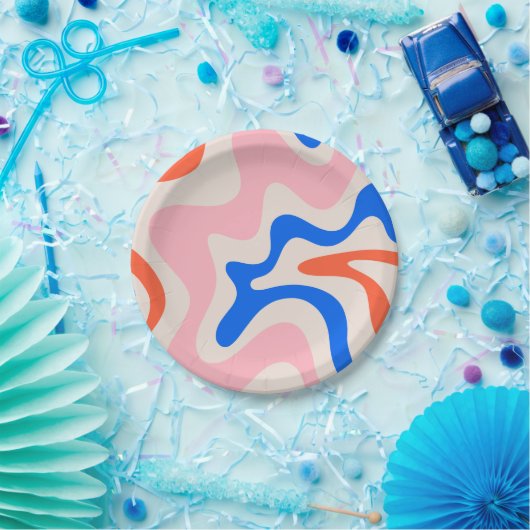 Retro Liquid Swirl Abstrakt rosa Orange Blue Pappteller (Party)