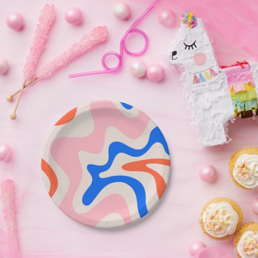 Retro Liquid Swirl Abstrakt rosa Orange Blue Pappteller (Party)