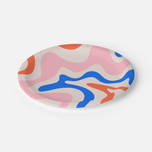 Retro Liquid Swirl Abstrakt rosa Orange Blue Pappteller (Schrägansicht)