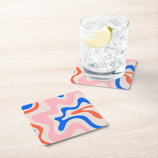 Retro Liquid Swirl Abstrakt rosa Orange Blue Rechteckiger Pappuntersetzer (Vor Ort)