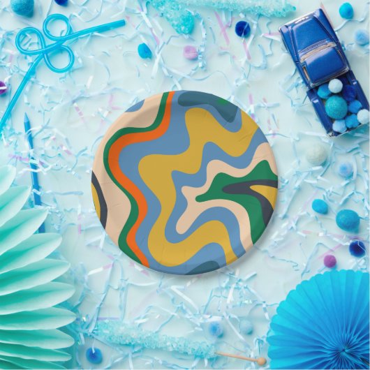 Retro Liquid Swirl Abstraktes Muster Blue Mustard Pappteller (Party)