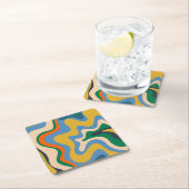 Retro Liquid Swirl Abstraktes Muster Blue Mustard Rechteckiger Pappuntersetzer (Vor Ort)