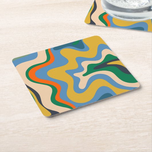 Retro Liquid Swirl Abstraktes Muster Blue Mustard Rechteckiger Pappuntersetzer (angewinkelt)