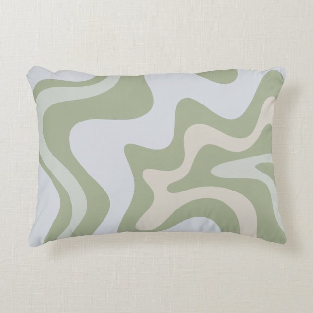 Retro Liquid Swirl Abstraktes Muster in Sage Green Dekokissen (Vorderseite)