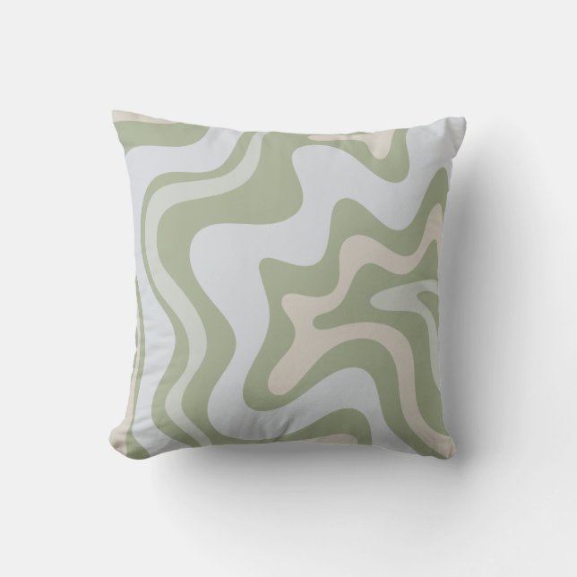 Retro Liquid Swirl Abstraktes Muster in Sage Green Kissen (Vorderseite)
