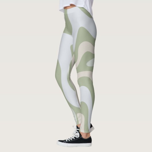 Retro Liquid Swirl Abstraktes Muster in Sage Green Leggings (Links)