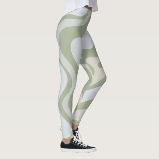 Retro Liquid Swirl Abstraktes Muster in Sage Green Leggings (Rechts)